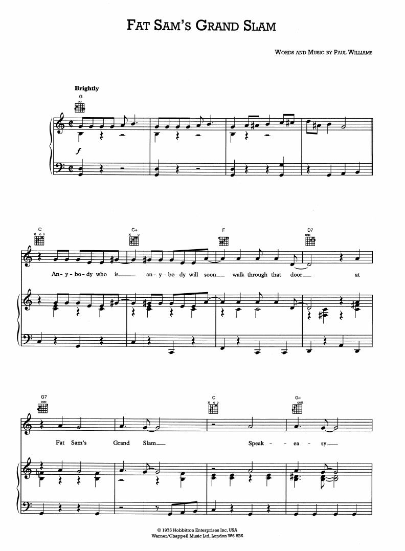 Learn to play Paul Williams Fat Sam's Grand Slam (from Bugsy Malone) sheet music for Piano, Vocal & Guitar Chords (Right-Hand Melody) in minutes. Price: 6.9900$ Paul Williams Fat Sam's Grand Slam (from Bugsy Malone) sheet music notes and chords arranged for Piano, Vocal & Guitar Chords (Right-Hand Melody)