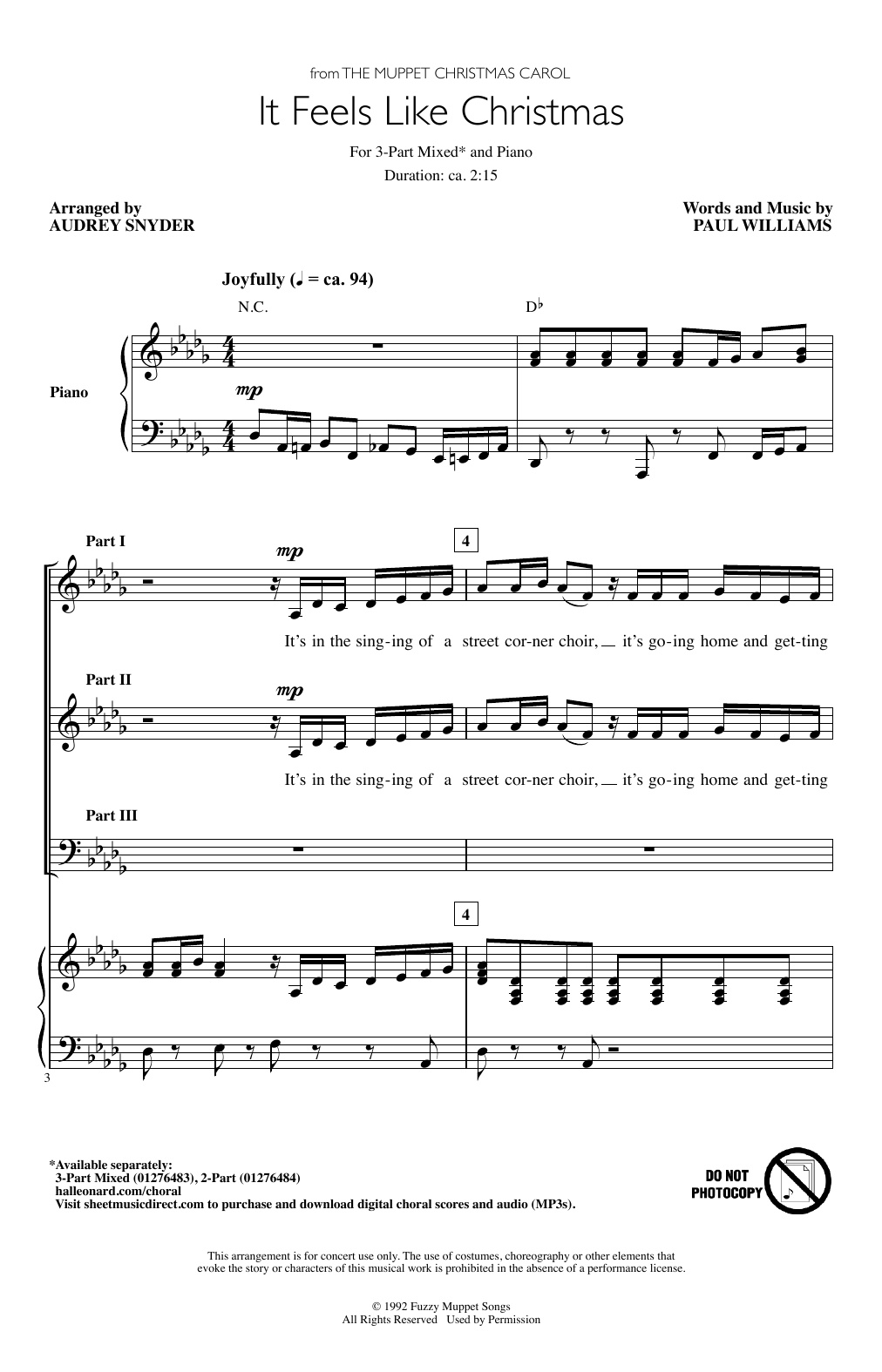 Paul Williams It Feels Like Christmas (from The Muppet Christmas Carol) (arr. Audrey Snyder) sheet music notes and chords. Download Printable PDF.