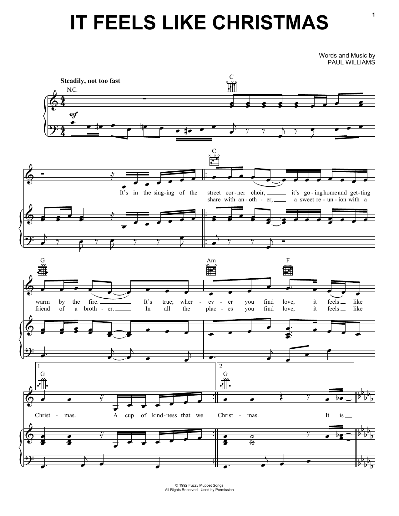 Paul Williams It Feels Like Christmas sheet music notes and chords. Download Printable PDF.