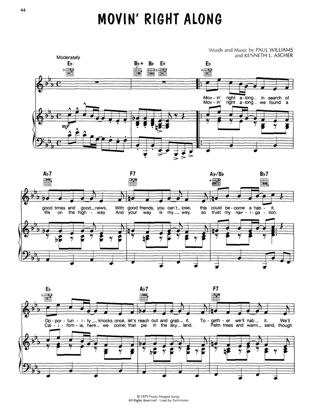 Paul Williams Movin' Right Along (from The Muppet Movie) sheet music notes and chords arranged for Easy Piano