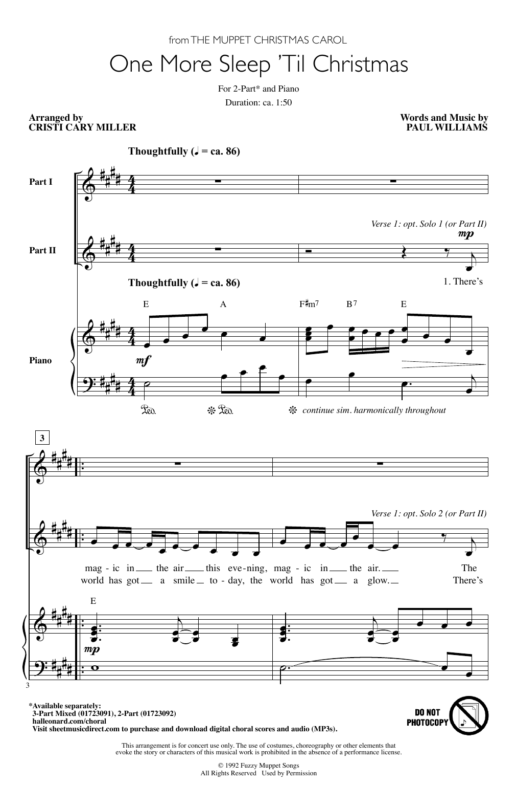 Paul Williams One More Sleep 'Til Christmas (from The Muppet Christmas Carol) (arr. Cristy Cary Miller) sheet music notes and chords. Download Printable PDF.