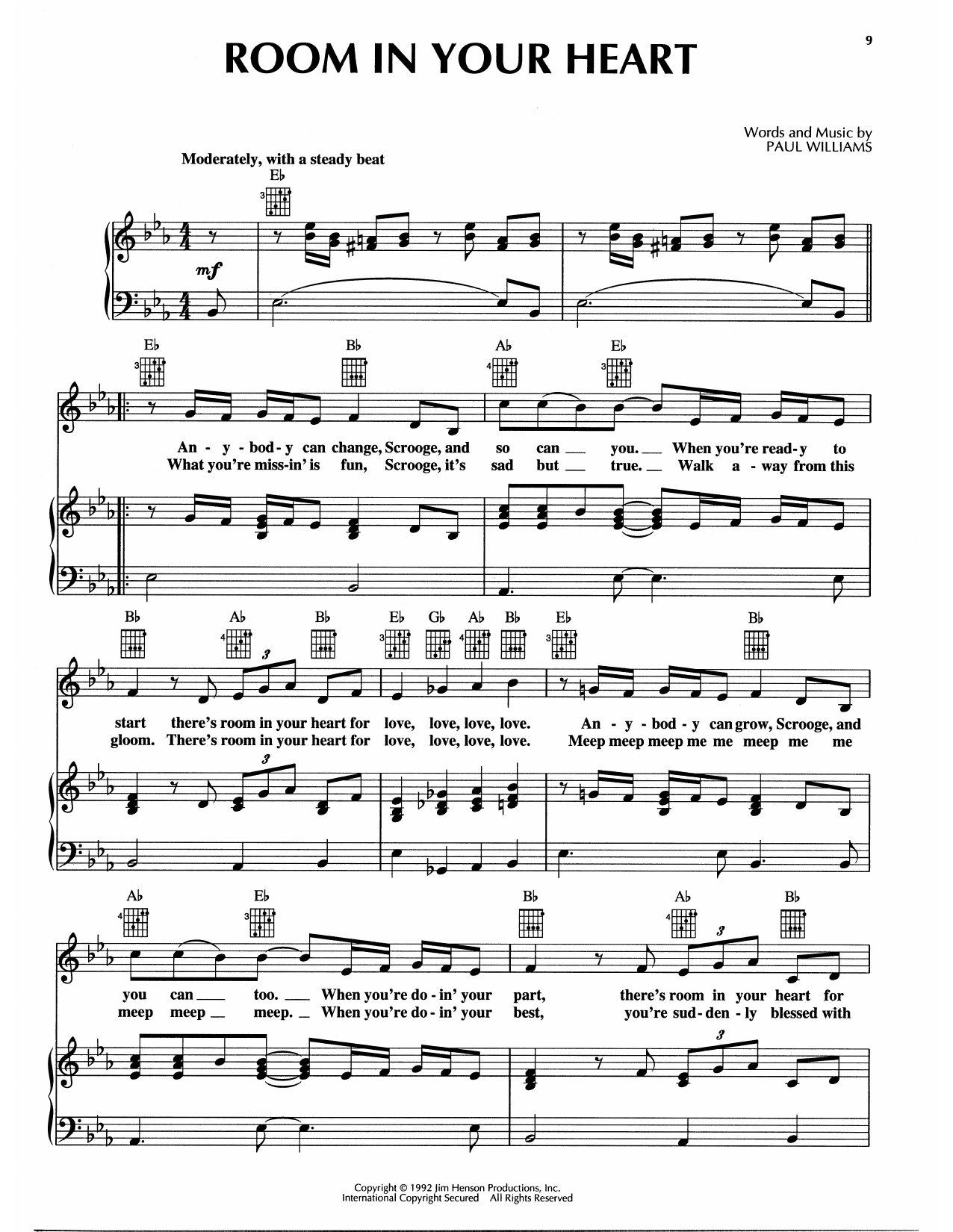 Learn to play Paul Williams Room In Your Heart (from The Muppet Christmas Carol) sheet music for Piano, Vocal & Guitar Chords (Right-Hand Melody) in minutes. Price: 6.9900$ Paul Williams Room In Your Heart (from The Muppet Christmas Carol) sheet music notes and chords arranged for Piano, Vocal & Guitar Chords (Right-Hand Melody)
