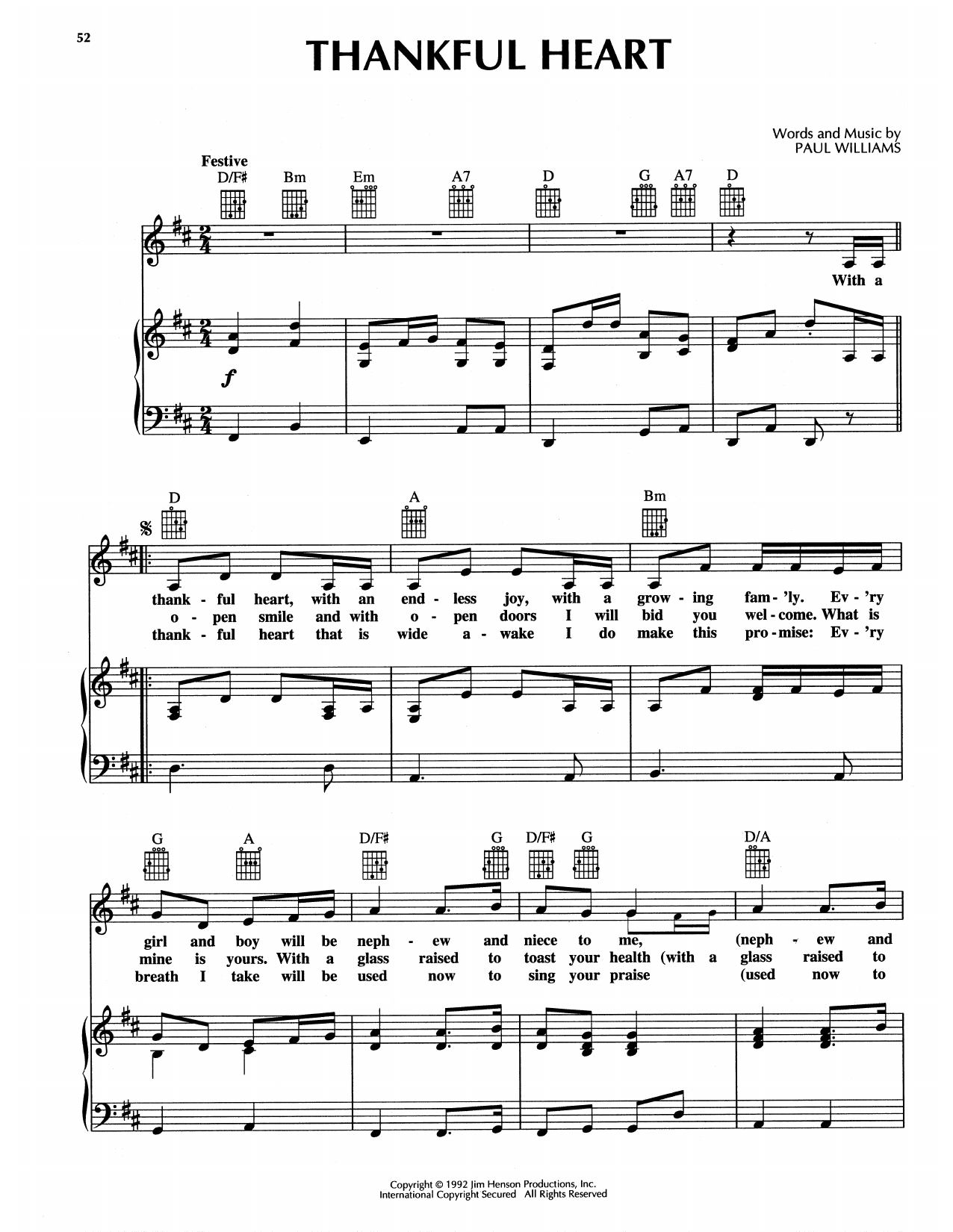 Paul Williams Thankful Heart (from The Muppet Christmas Carol) sheet music notes and chords. Download Printable PDF.