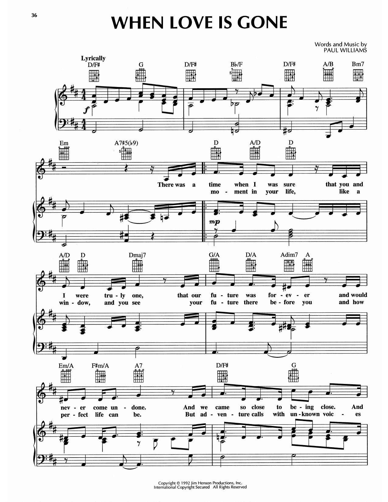 Paul Williams When Love Is Gone (from The Muppet Christmas Carol) sheet music notes and chords. Download Printable PDF.