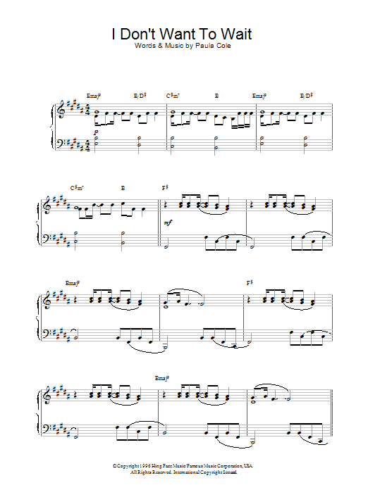 Learn to play Paula Cole I Don't Want To Wait (theme from Dawson's Creek) sheet music for Piano Solo in minutes. Price: 7.8900$ Paula Cole I Don't Want To Wait (theme from Dawson's Creek) sheet music notes and chords arranged for Piano Solo