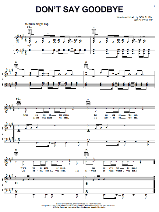 Learn to play Paulina Rubio Don't Say Goodbye sheet music for Piano, Vocal & Guitar Chords (Right-Hand Melody) in minutes. Price: 7.8900$ Paulina Rubio Don't Say Goodbye sheet music notes and chords arranged for Piano, Vocal & Guitar Chords (Right-Hand Melody)
