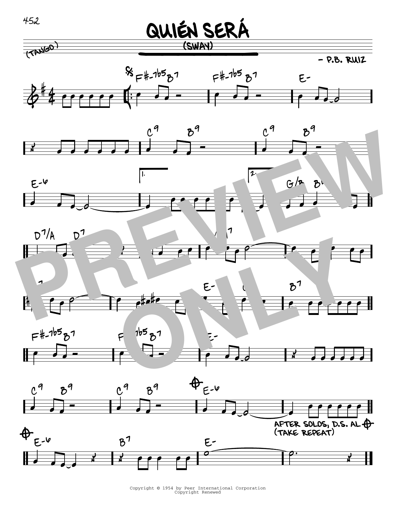 Learn to play P.B. Ruiz Quien Sera sheet music for Real Book – Melody & Chords in minutes. Price: 5.9900$ P.B. Ruiz Quien Sera sheet music notes and chords arranged for Real Book – Melody & Chords