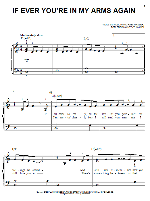 Learn to play Peabo Bryson If Ever You're In My Arms Again sheet music for Piano, Vocal & Guitar Chords (Right-Hand Melody) in minutes. Price: 7.8900$ Peabo Bryson If Ever You're In My Arms Again sheet music notes and chords arranged for Piano, Vocal & Guitar Chords (Right-Hand Melody)
