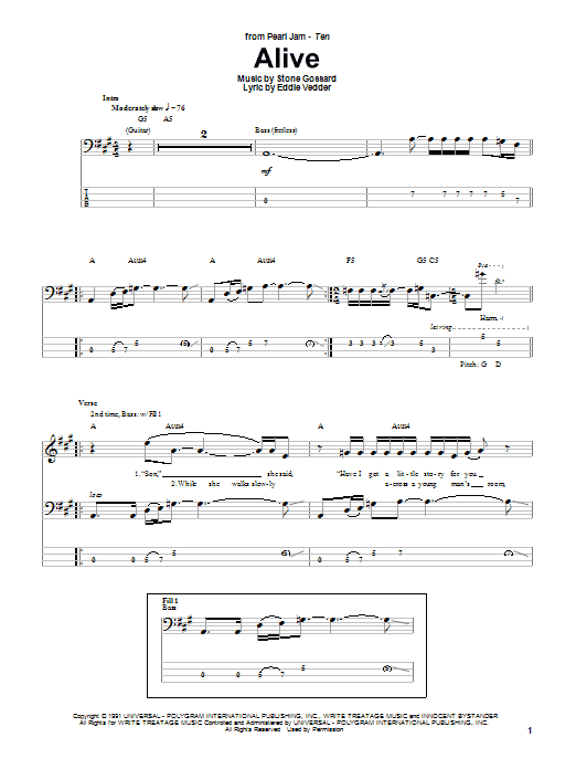 Pearl Jam Alive sheet music notes and chords. Download Printable PDF.