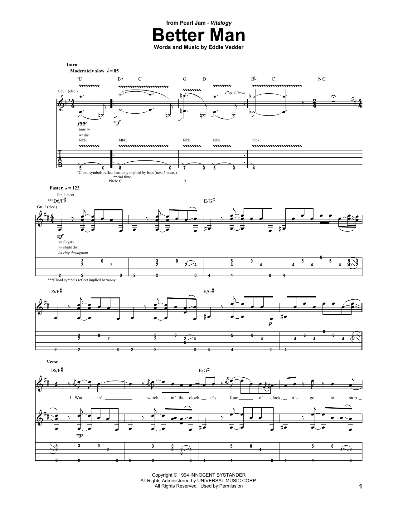 Pearl Jam Better Man sheet music notes and chords. Download Printable PDF.