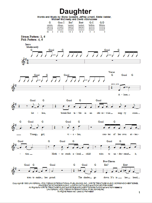 Pearl Jam Daughter sheet music notes and chords. Download Printable PDF.