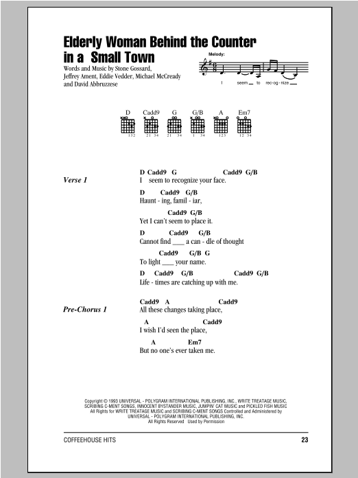 Pearl Jam Elderly Woman Behind The Counter In A Small Town sheet music notes and chords. Download Printable PDF.