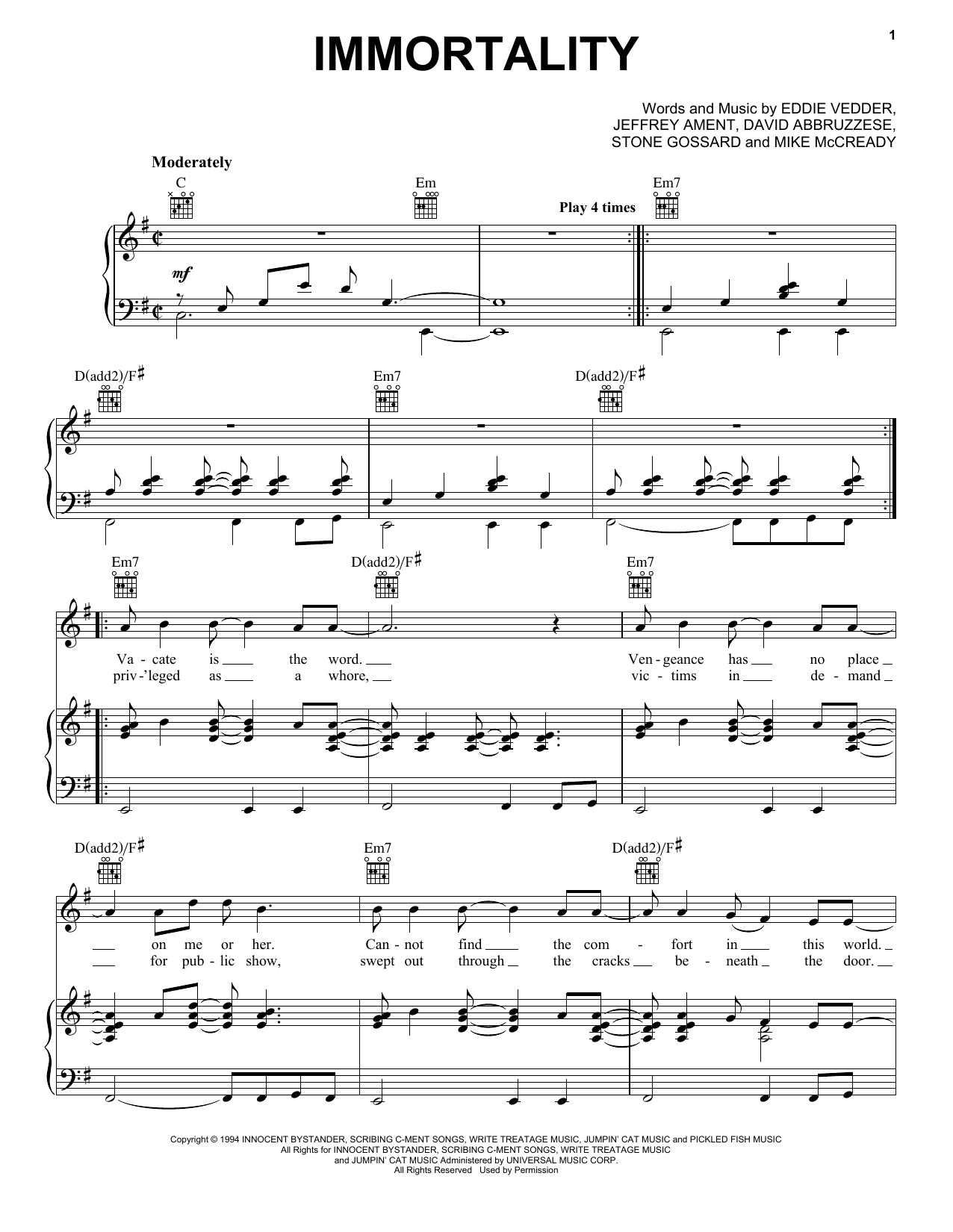 Pearl Jam Immortality sheet music notes and chords. Download Printable PDF.