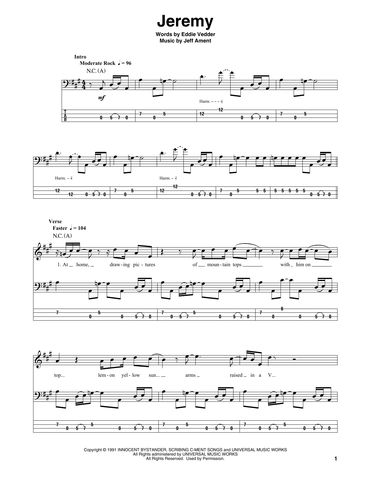 Pearl Jam Jeremy sheet music notes and chords. Download Printable PDF.