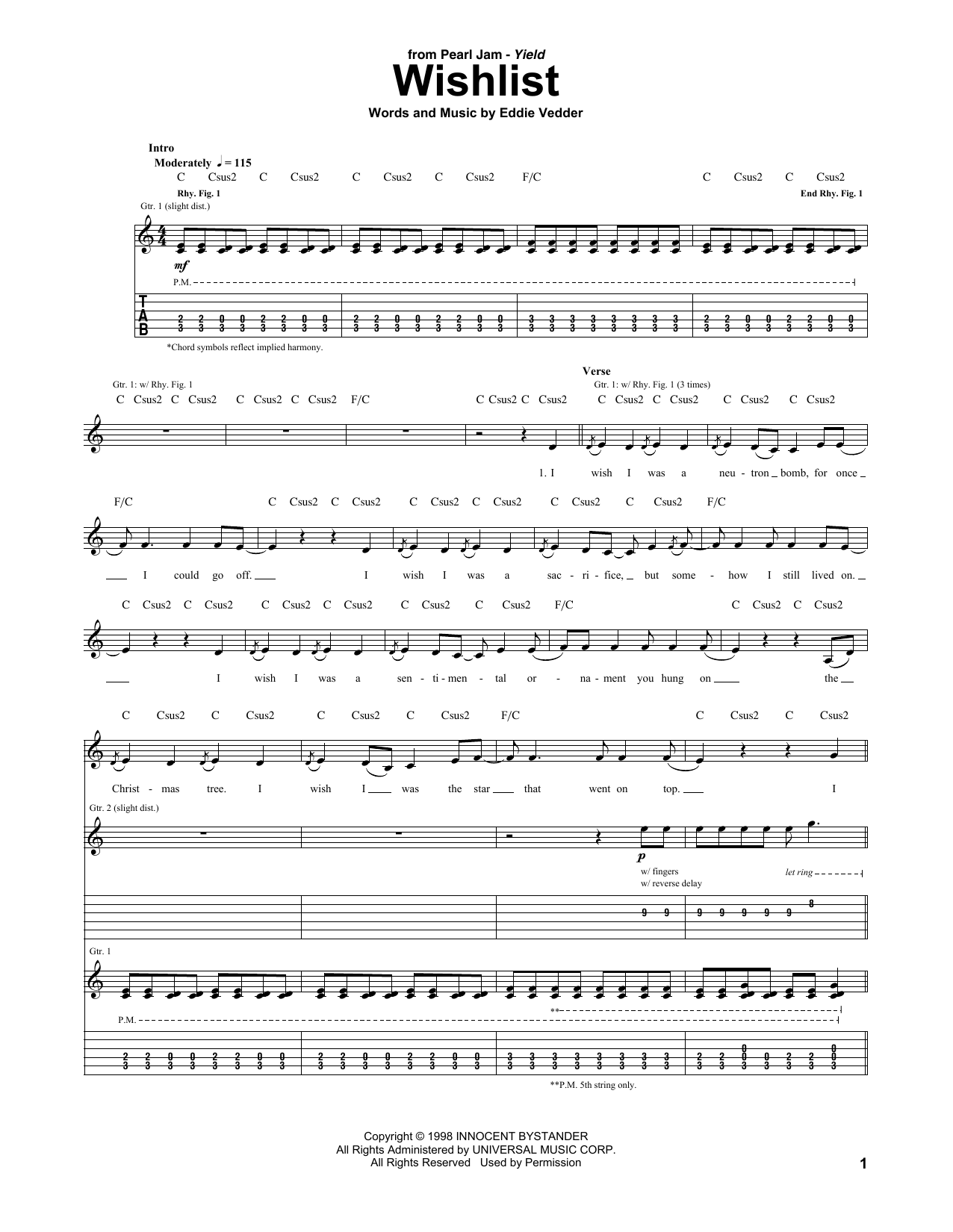 Learn to play Pearl Jam Wishlist sheet music for Guitar Tab in minutes. Price: 7.8900$ Pearl Jam Wishlist sheet music notes and chords arranged for Guitar Tab