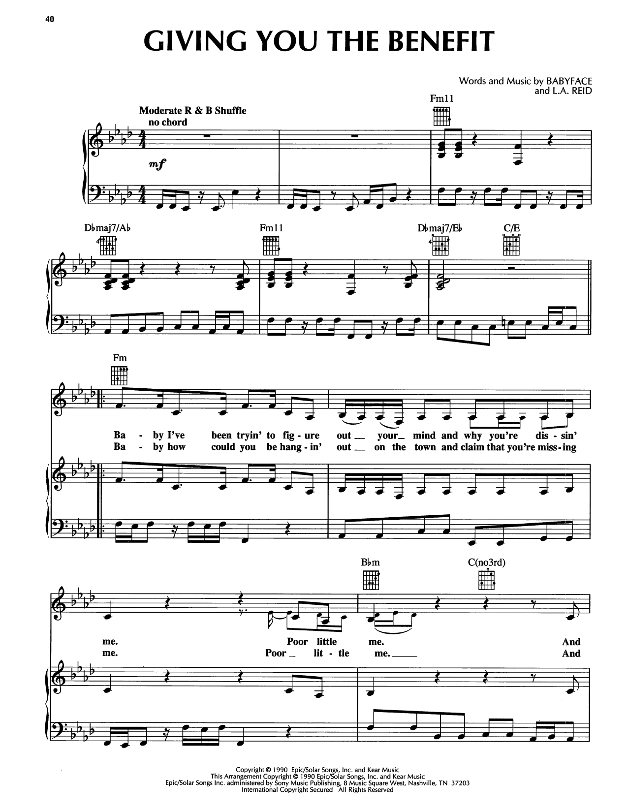 Learn to play Pebbles Giving You The Benefit sheet music for Piano, Vocal & Guitar Chords (Right-Hand Melody) in minutes. Price: 7.8900$ Pebbles Giving You The Benefit sheet music notes and chords arranged for Piano, Vocal & Guitar Chords (Right-Hand Melody)