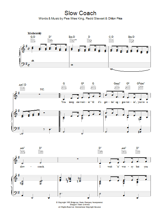 Learn to play Pee Wee King Slow Coach sheet music for Piano, Vocal & Guitar Chords in minutes. Price: 7.8900$ Pee Wee King Slow Coach sheet music notes and chords arranged for Piano, Vocal & Guitar Chords