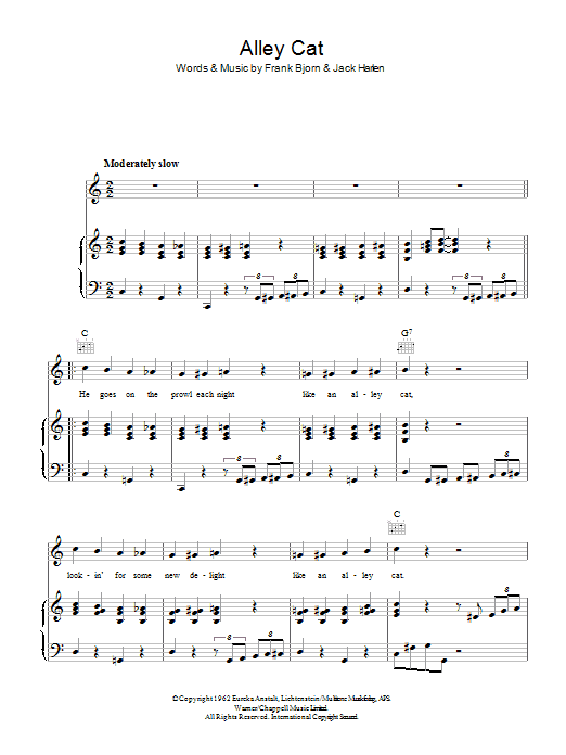 Learn to play Peggy Lee Alley Cat sheet music for Piano, Vocal & Guitar Chords in minutes. Price: 7.8900$ Peggy Lee Alley Cat sheet music notes and chords arranged for Piano, Vocal & Guitar Chords