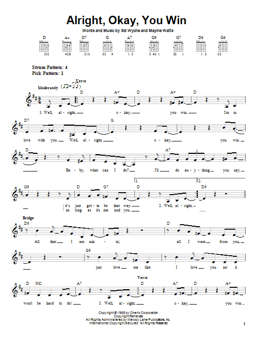 Peggy Lee Alright, Okay, You Win sheet music notes and chords. Download Printable PDF.