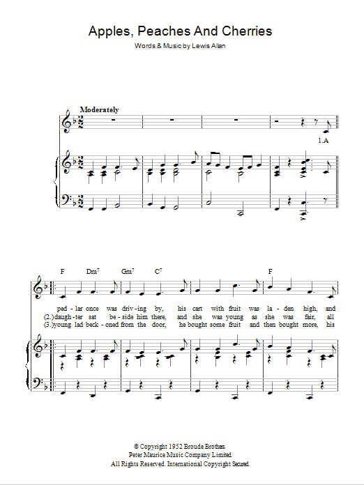 Learn to play Peggy Lee Apples, Peaches And Cherries sheet music for Piano, Vocal & Guitar Chords in minutes. Price: 7.8900$ Peggy Lee Apples, Peaches And Cherries sheet music notes and chords arranged for Piano, Vocal & Guitar Chords