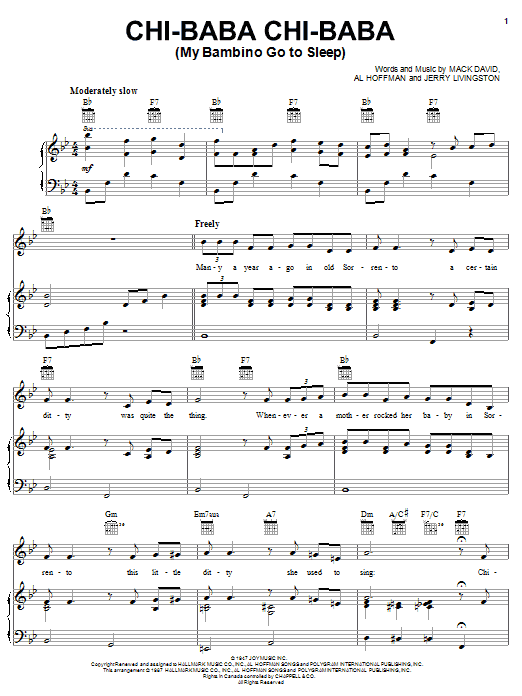 Learn to play Peggy Lee Chi-Baba Chi-Baba (My Bambino Go To Sleep) sheet music for Piano, Vocal & Guitar Chords (Right-Hand Melody) in minutes. Price: 7.8900$ Peggy Lee Chi-Baba Chi-Baba (My Bambino Go To Sleep) sheet music notes and chords arranged for Piano, Vocal & Guitar Chords (Right-Hand Melody)