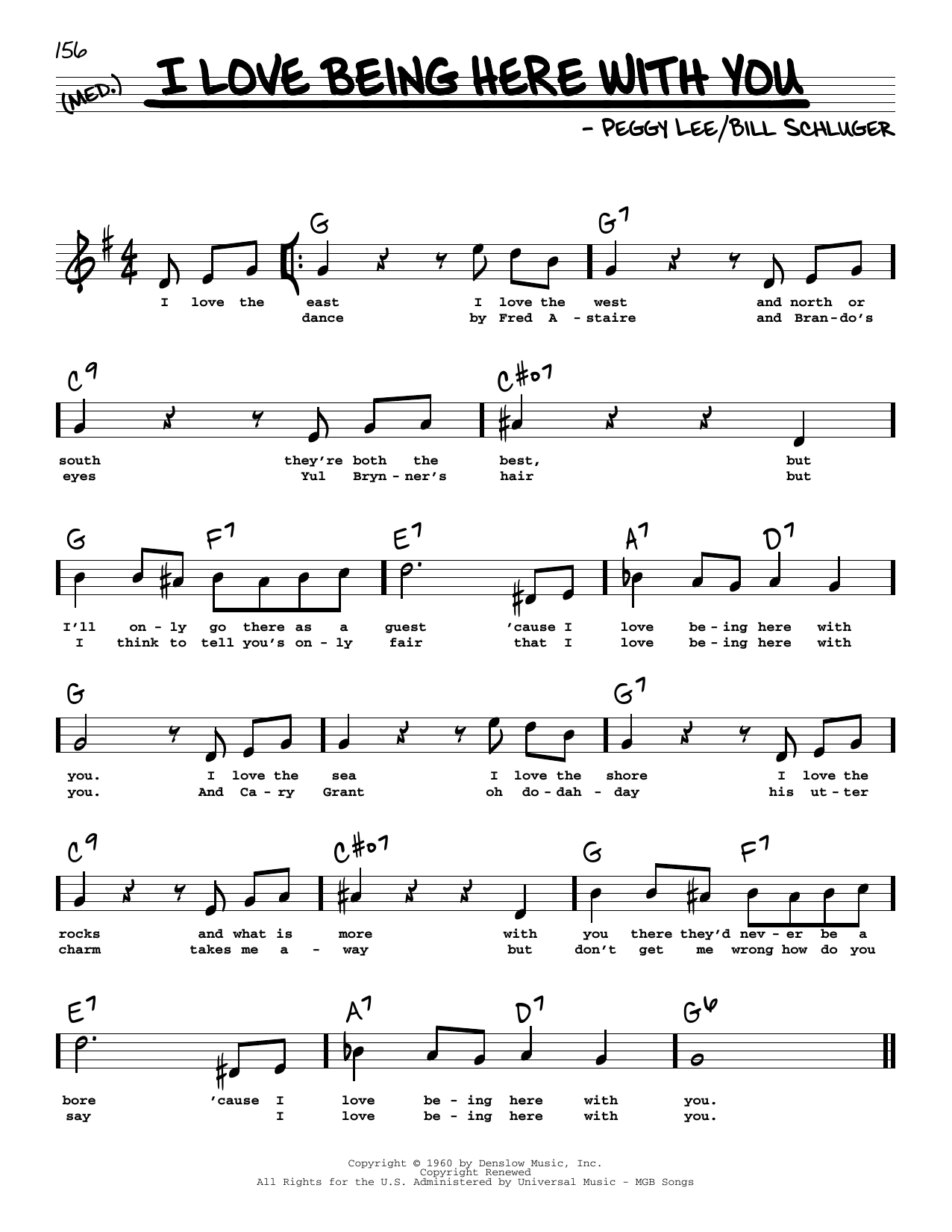 Learn to play Peggy Lee I Love Being Here With You (High Voice) sheet music for Real Book – Melody, Lyrics & Chords in minutes. Price: 5.9900$ Peggy Lee I Love Being Here With You (High Voice) sheet music notes and chords arranged for Real Book – Melody, Lyrics & Chords
