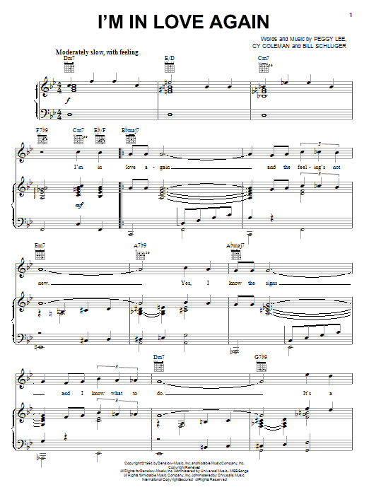 Learn to play Peggy Lee I'm In Love Again sheet music for Piano, Vocal & Guitar Chords (Right-Hand Melody) in minutes. Price: 7.8900$ Peggy Lee I'm In Love Again sheet music notes and chords arranged for Piano, Vocal & Guitar Chords (Right-Hand Melody)