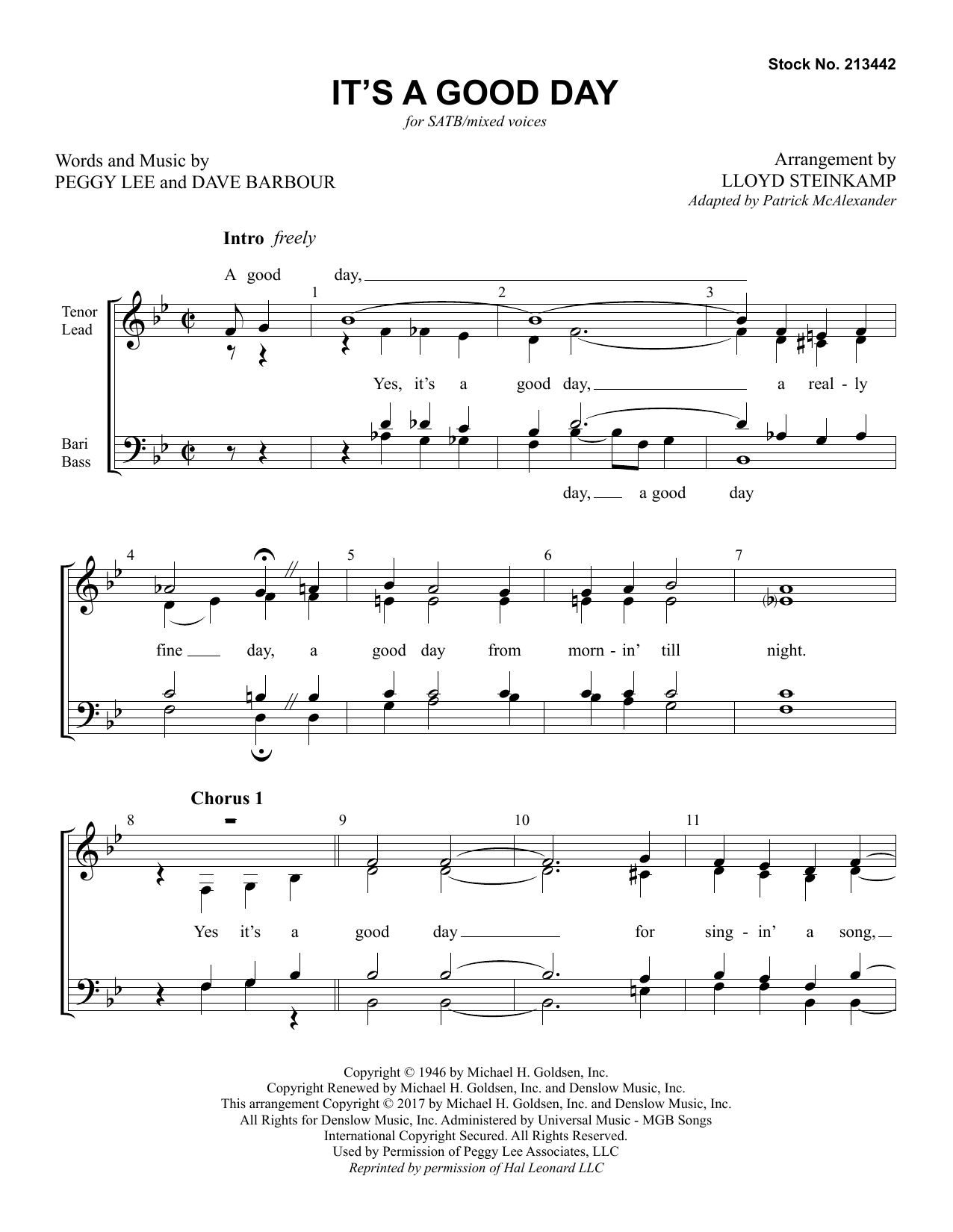 Peggy Lee It's a Good Day (arr. Lloyd Steinkamp) sheet music notes and chords arranged for TTBB Choir