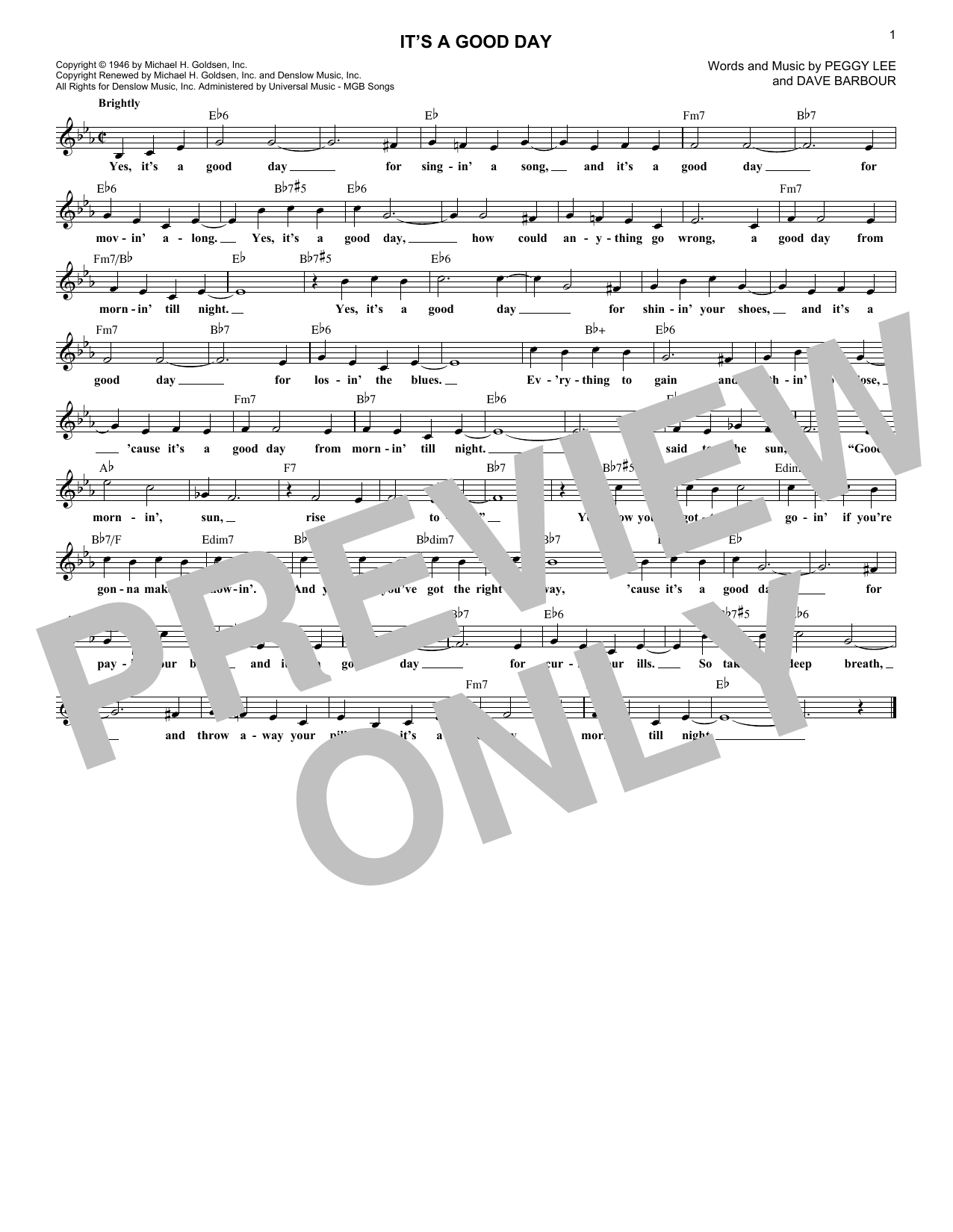 Peggy Lee It's A Good Day sheet music notes and chords. Download Printable PDF.