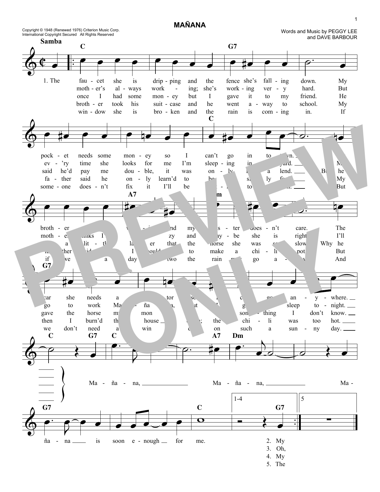 Peggy Lee Mañana sheet music notes and chords. Download Printable PDF.