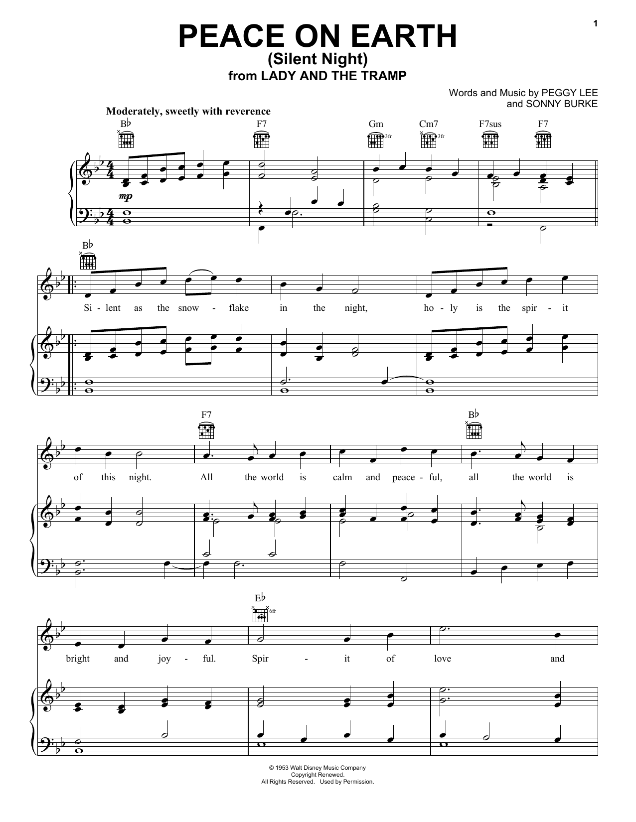 Peggy Lee Peace On Earth (Silent Night) (from Lady And The Tramp) sheet music notes and chords. Download Printable PDF.