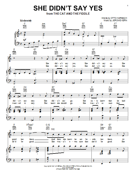 Learn to play Peggy Lee She Didn't Say Yes sheet music for Piano, Vocal & Guitar Chords (Right-Hand Melody) in minutes. Price: 7.8900$ Peggy Lee She Didn't Say Yes sheet music notes and chords arranged for Piano, Vocal & Guitar Chords (Right-Hand Melody)