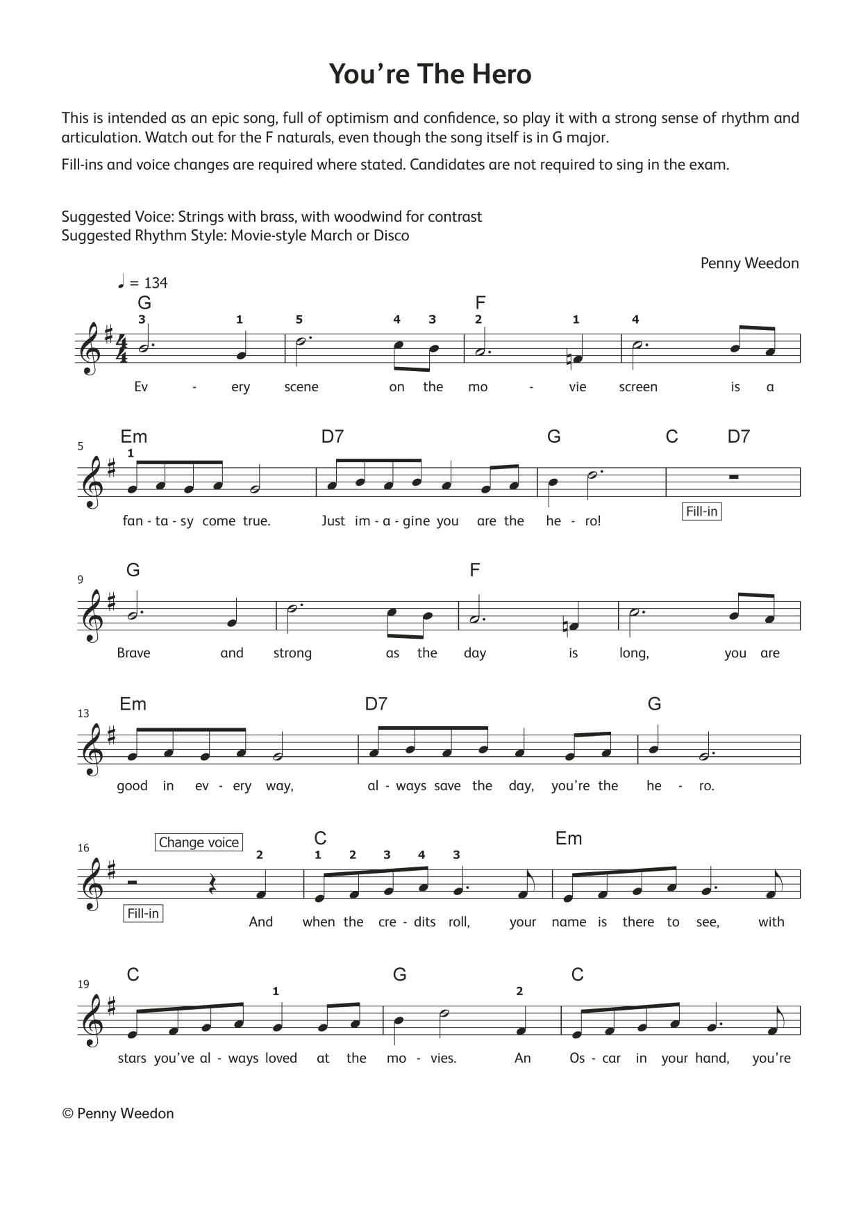 Penny Weedon You're The Hero (LCME Electronic Keyboard Grade 1 List B & C) sheet music notes and chords. Download Printable PDF.