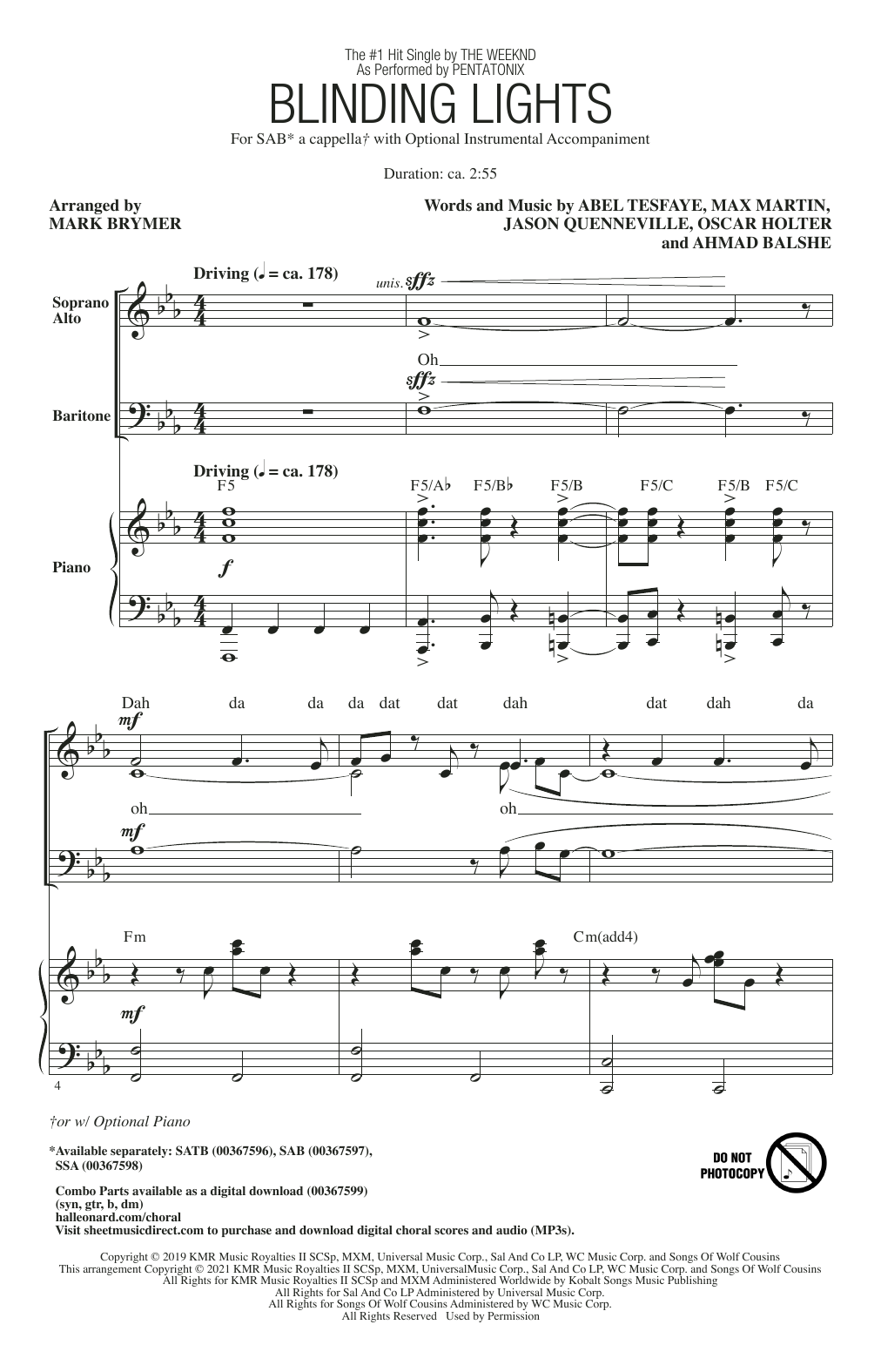 Pentatonix Blinding Lights (arr. Mark Brymer) sheet music notes and chords. Download Printable PDF.