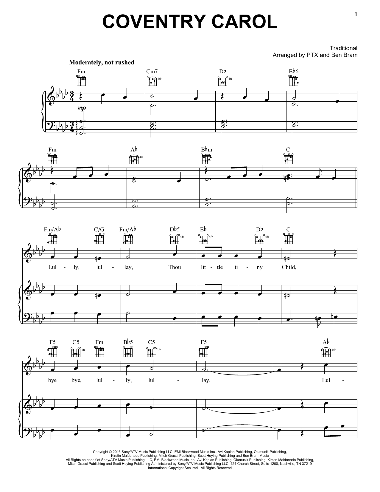 Pentatonix Coventry Carol sheet music notes and chords. Download Printable PDF.