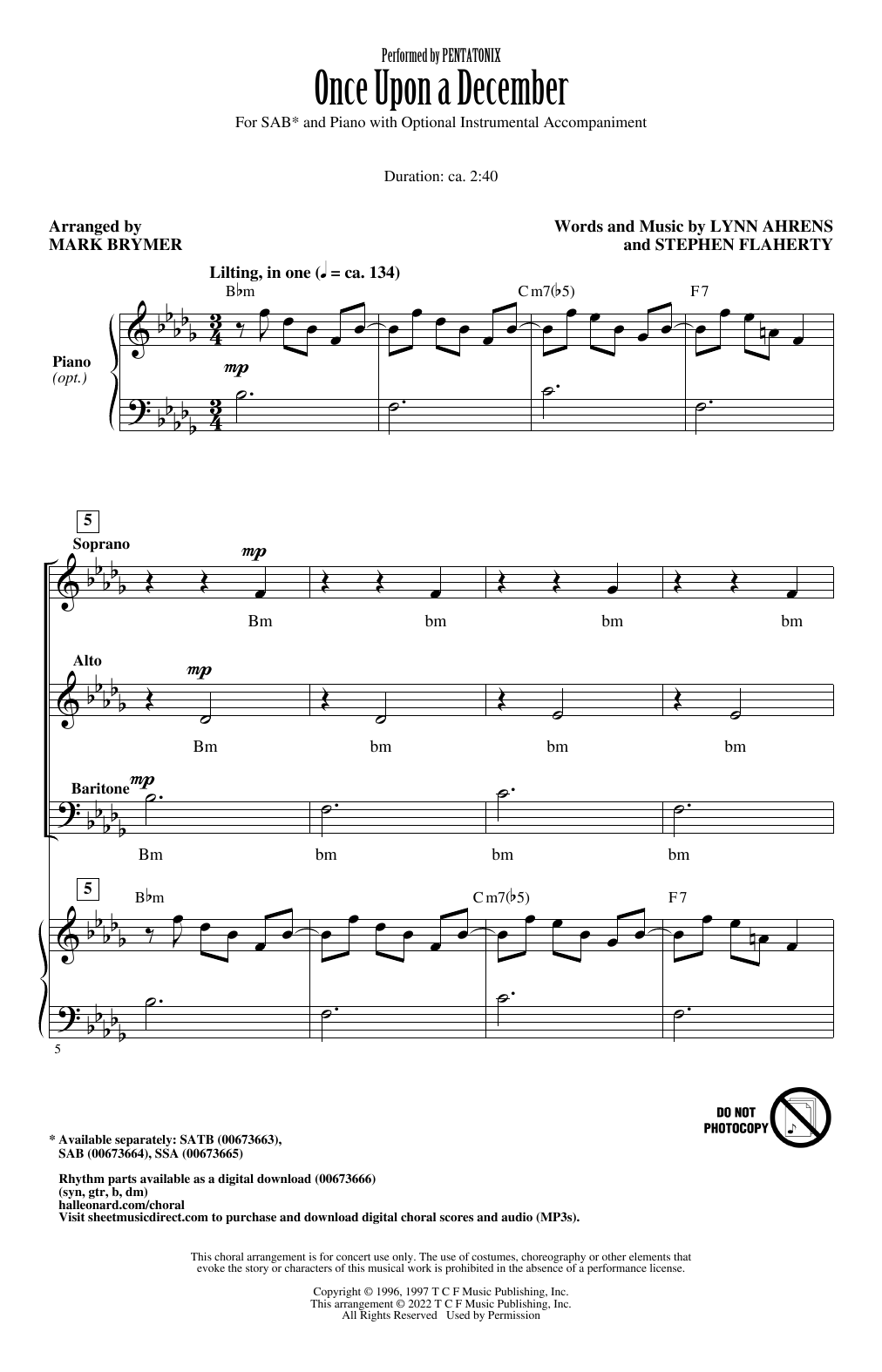 Pentatonix Once Upon A December (arr. Mark Brymer) sheet music notes and chords. Download Printable PDF.