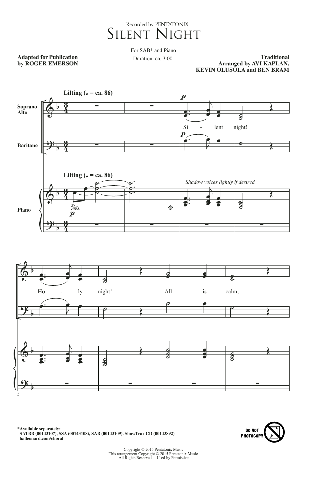 Pentatonix Silent Night (adapt. Roger Emerson) sheet music notes and chords. Download Printable PDF.