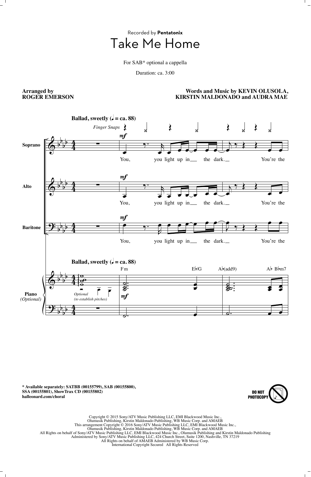 Pentatonix Take Me Home (arr. Roger Emerson) sheet music notes and chords. Download Printable PDF.