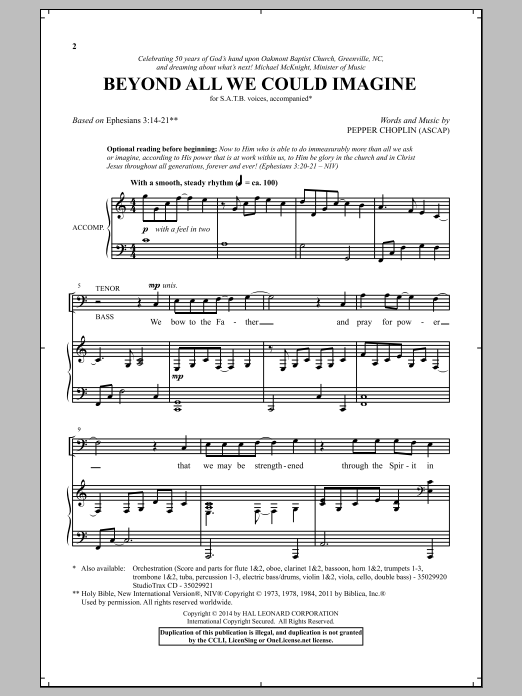 Learn to play Pepper Choplin Beyond All We Could Imagine sheet music for SATB Choir in minutes. Price: 3.9900$ Pepper Choplin Beyond All We Could Imagine sheet music notes and chords arranged for SATB Choir