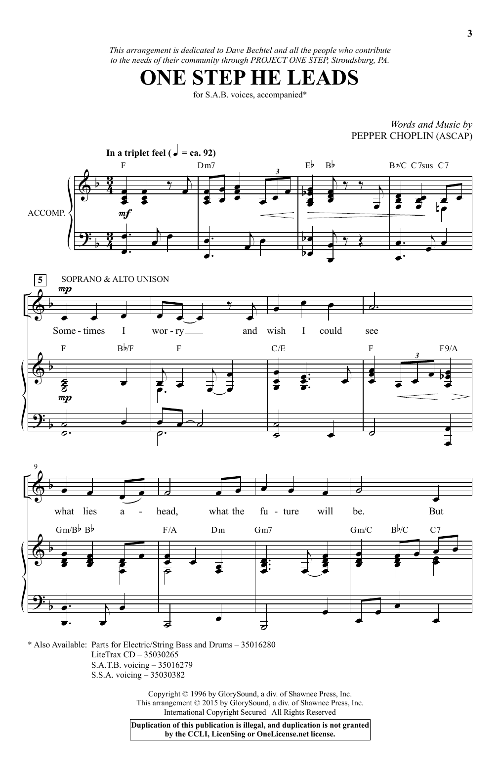 Pepper Choplin One Step He Leads sheet music notes and chords arranged for SSA Choir