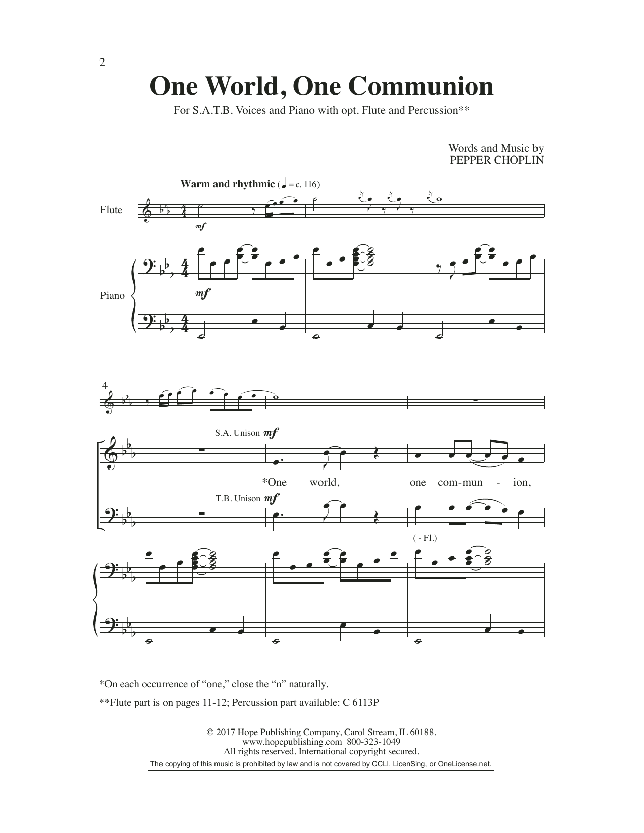 Pepper Choplin One World, One Communion sheet music notes and chords. Download Printable PDF.