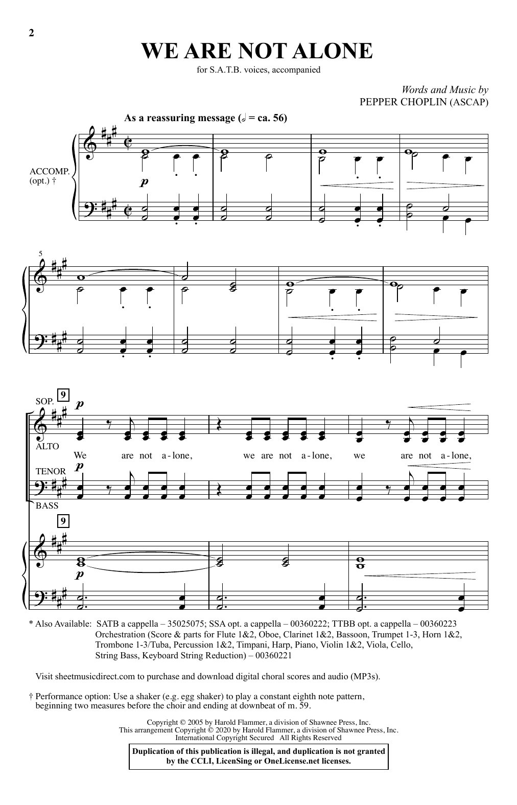 Pepper Choplin We Are Not Alone sheet music notes and chords. Download Printable PDF.