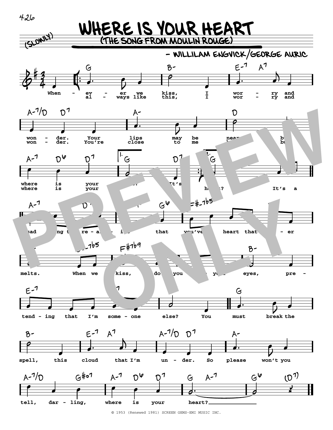 Learn to play Percy Faith and His Orchestra Where Is Your Heart (from Moulin Rouge) (High Voice) sheet music for Real Book – Melody, Lyrics & Chords in minutes. Price: 5.9900$ Percy Faith and His Orchestra Where Is Your Heart (from Moulin Rouge) (High Voice) sheet music notes and chords arranged for Real Book – Melody, Lyrics & Chords