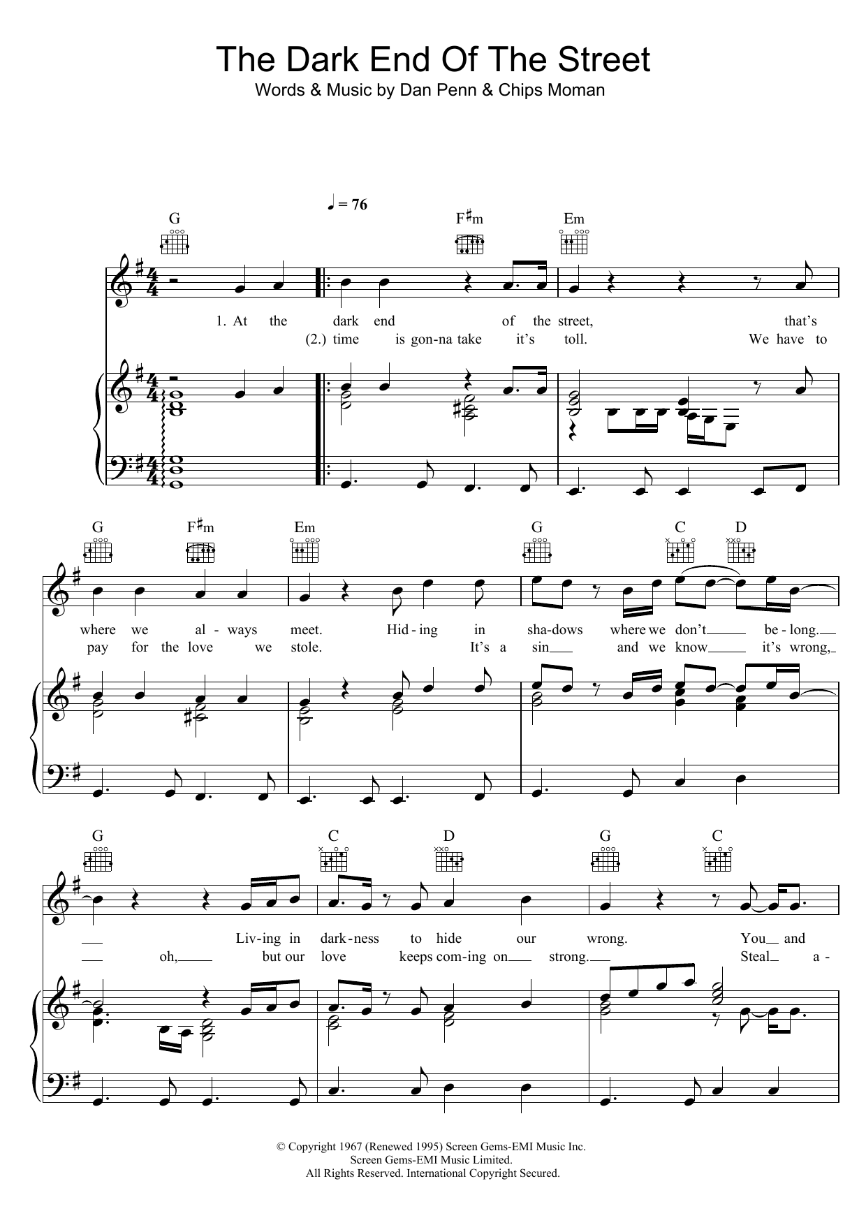 Percy Sledge The Dark End Of The Street sheet music notes and chords. Download Printable PDF.