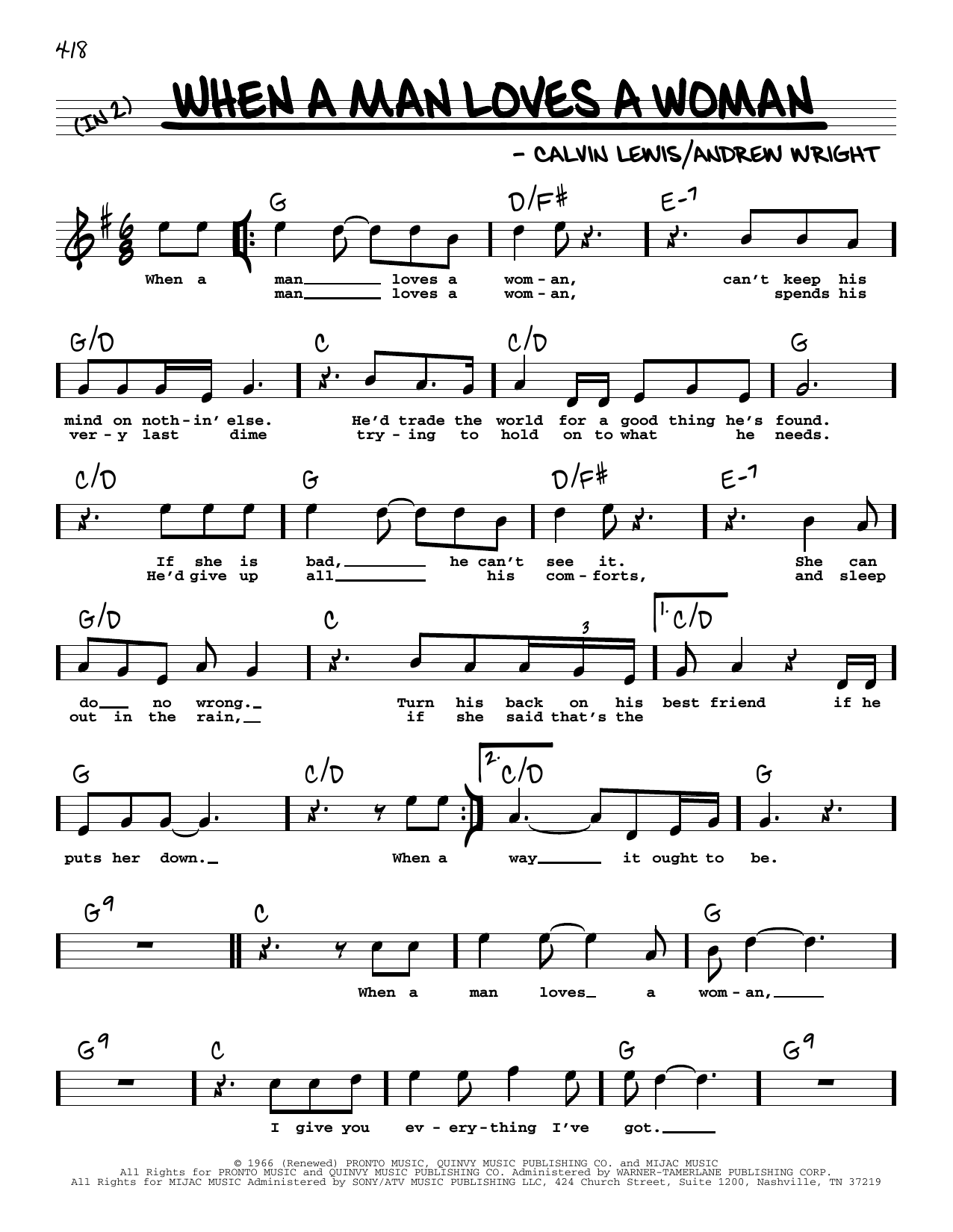 Percy Sledge When A Man Loves A Woman (High Voice) sheet music notes and chords. Download Printable PDF.