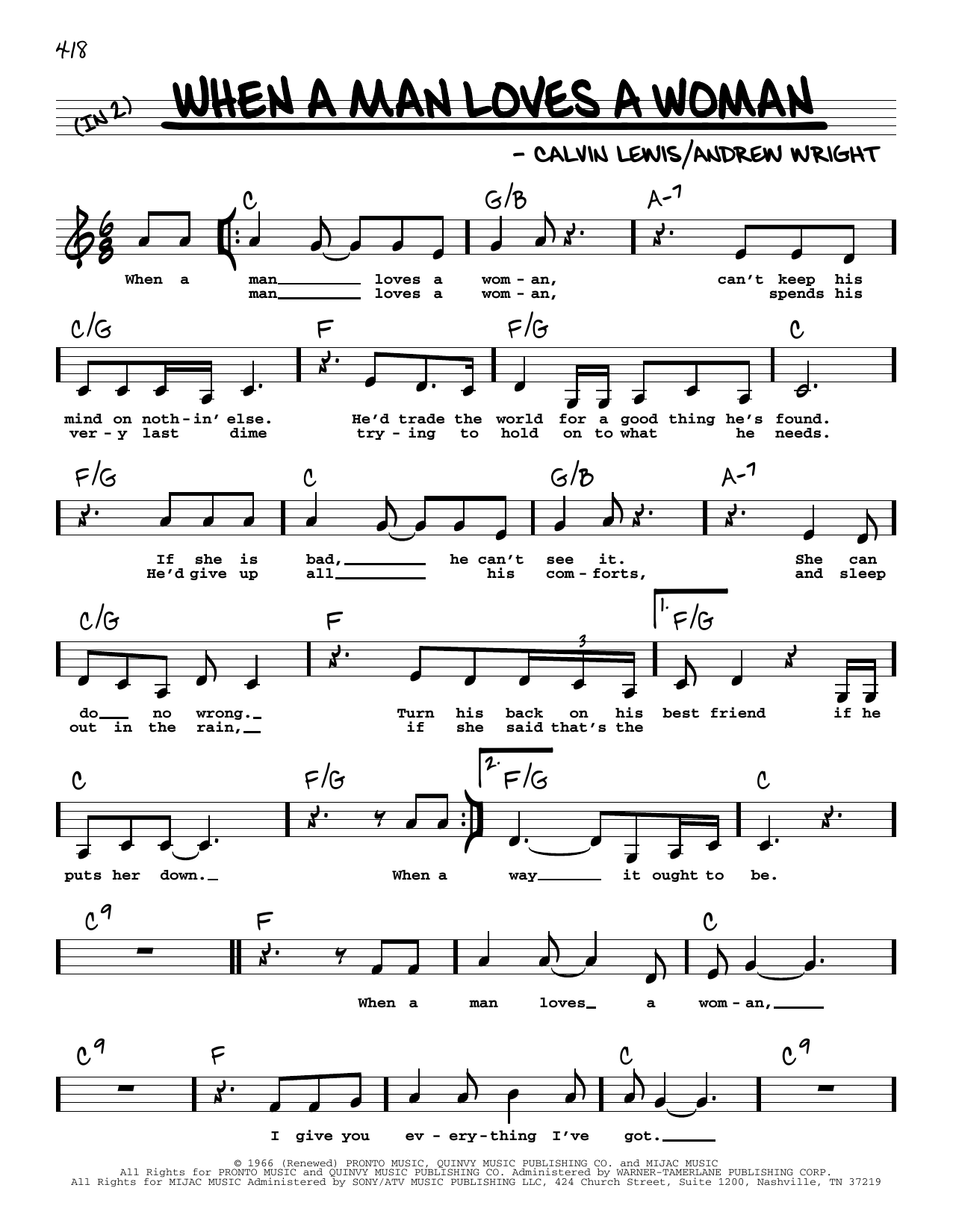 Percy Sledge When A Man Loves A Woman (Low Voice) sheet music notes and chords. Download Printable PDF.