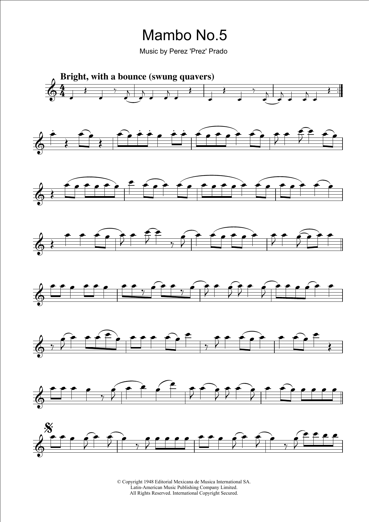 Perez Prado Mambo No. 5 sheet music notes and chords. Download Printable PDF.