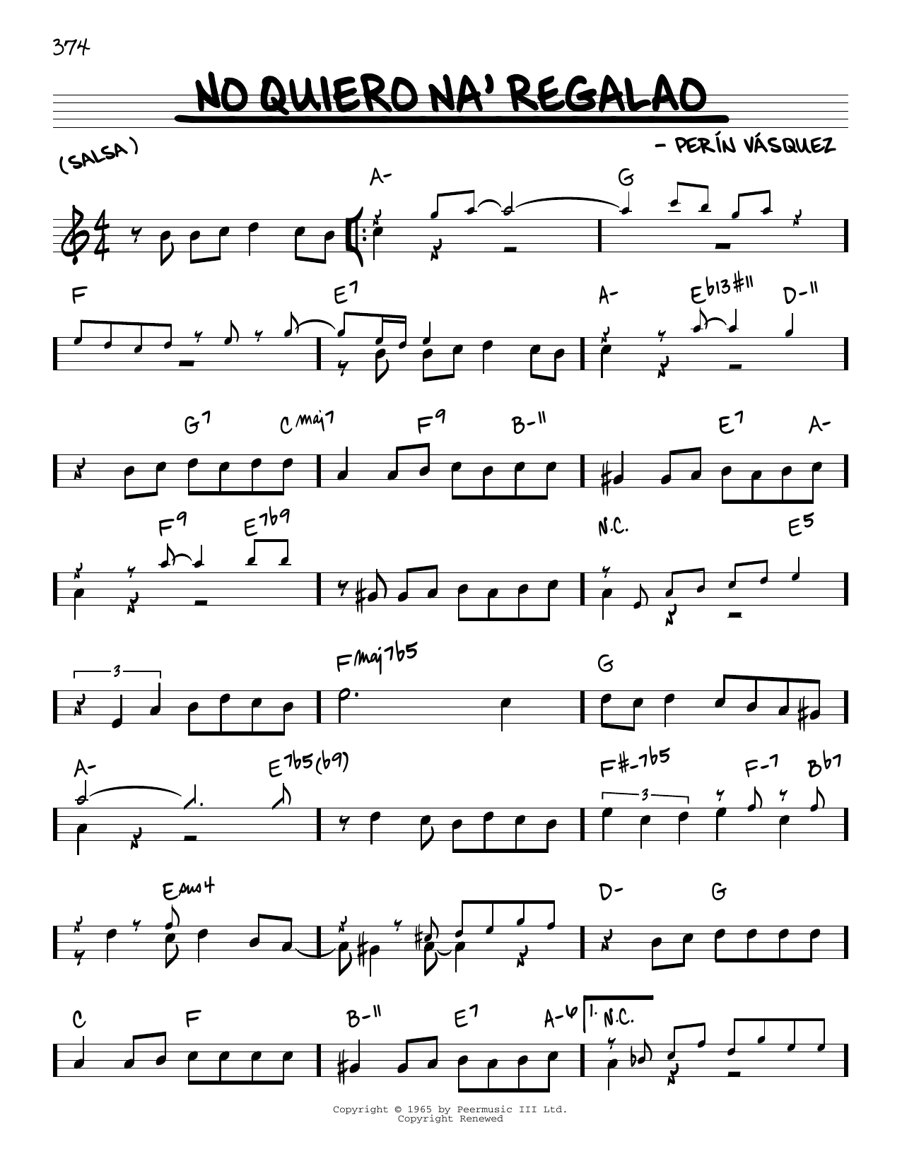 Learn to play Perin Vasquez No Quiero Na' Regalao sheet music for Real Book – Melody & Chords in minutes. Price: 5.9900$ Perin Vasquez No Quiero Na' Regalao sheet music notes and chords arranged for Real Book – Melody & Chords