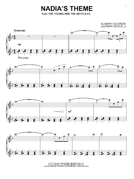 Learn to play Barry DeVorzon & Perry Botkin Jr. Nadia's Theme sheet music for Piano Solo in minutes. Price: 7.8900$ Barry DeVorzon & Perry Botkin Jr. Nadia's Theme sheet music notes and chords arranged for Piano Solo