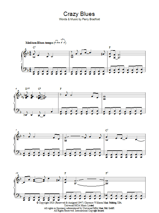 Learn to play Perry Bradford Crazy Blues sheet music for Piano, Vocal & Guitar Chords (Right-Hand Melody) in minutes. Price: 7.8900$ Perry Bradford Crazy Blues sheet music notes and chords arranged for Piano, Vocal & Guitar Chords (Right-Hand Melody)